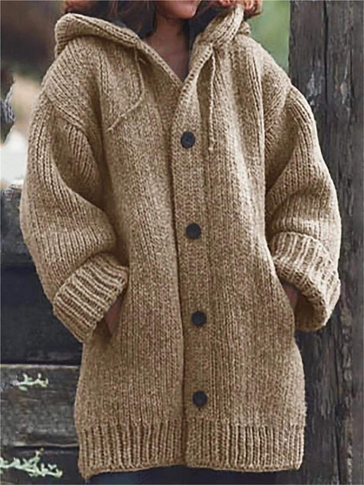 Katherine | Women's Oversized Hooded Knitted Cardigan – Chunky Button-Up Longline Layer with Pockets for Casual Autumn Winter Everyday Wear