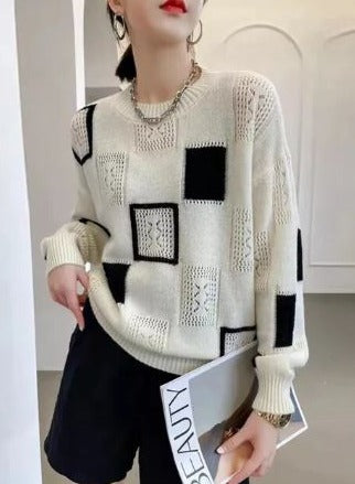 Lauren | Women's Openwork Patchwork Knit Sweater – Relaxed Crew-Neck Pullover with Mixed Textures