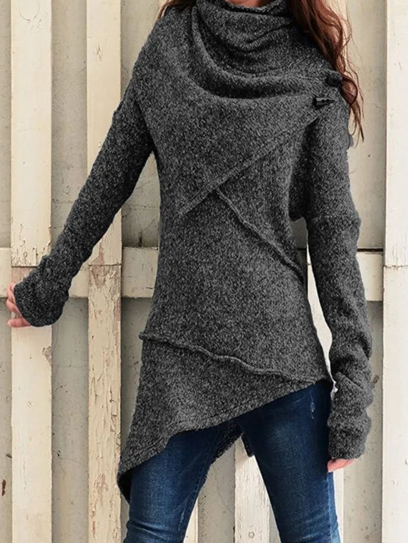 Maeve | Women's Draped-Collar Asymmetric Knit Sweater – Relaxed Longline Layer for Cooler Seasons