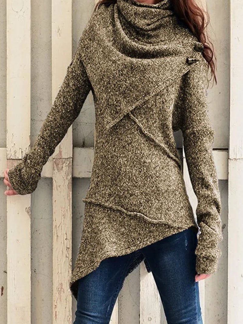 Maeve | Women's Draped-Collar Asymmetric Knit Sweater – Relaxed Longline Layer for Cooler Seasons