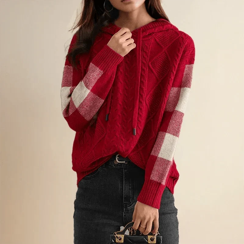 Vanessa | Women's Oversized Cable-Knit Hoodie – Soft Hooded Jumper with Checked Sleeves for Casual Autumn and Winter Layering