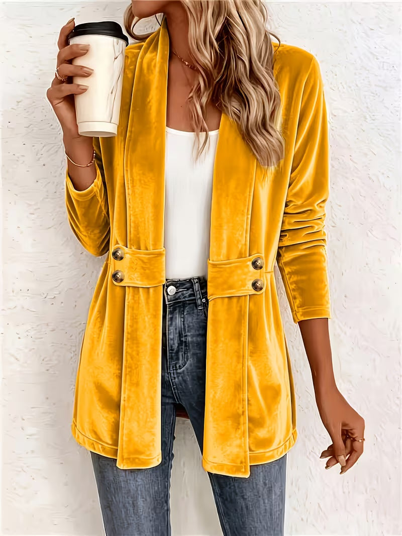 Maeve | Mustard Velvet Button-Tab Cardigan