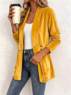 Maeve | Mustard Velvet Button-Tab Cardigan