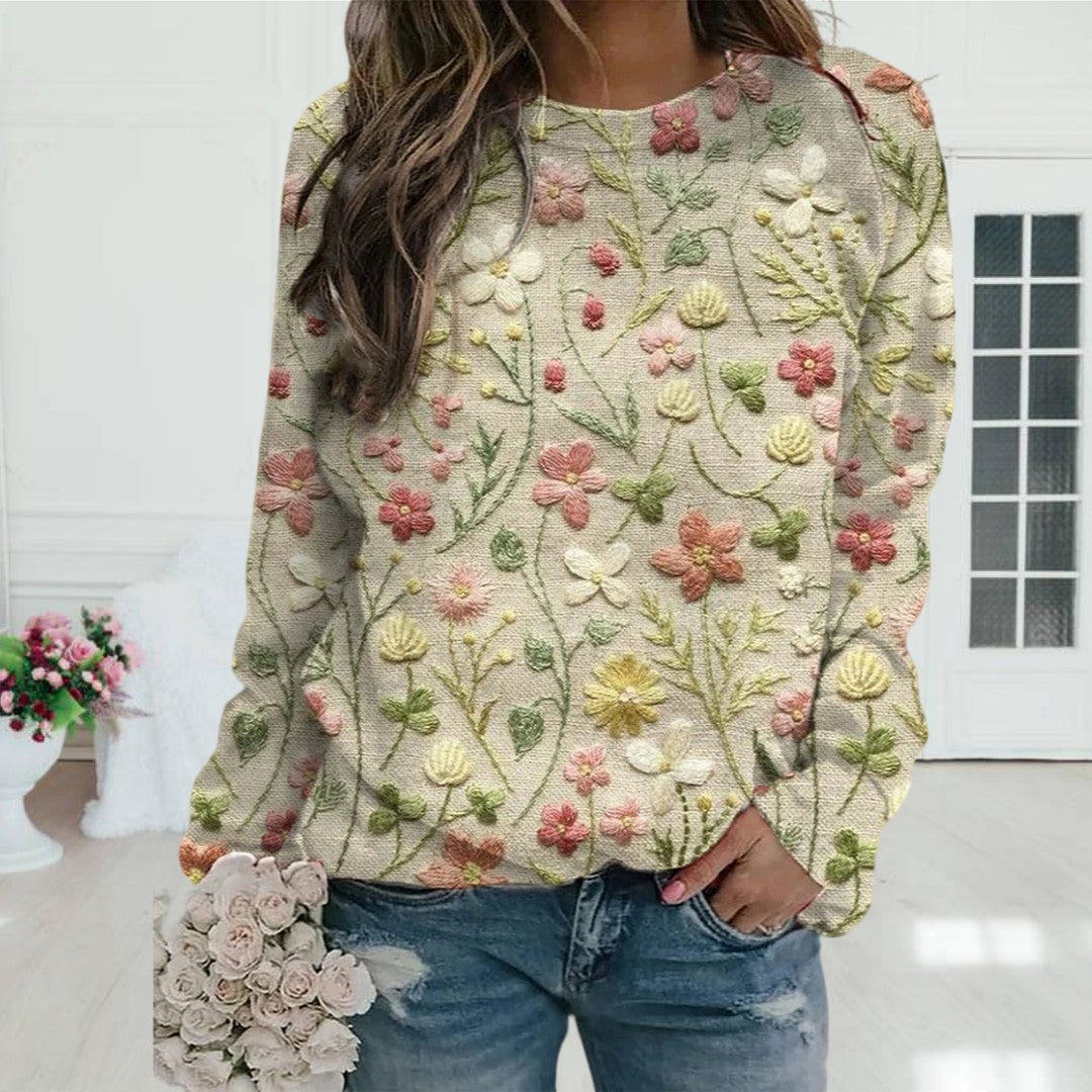 Miranda | Women's Floral Embroidered Sweater – Cotton Crew Neck Lightweight Spring Casual Knitwear