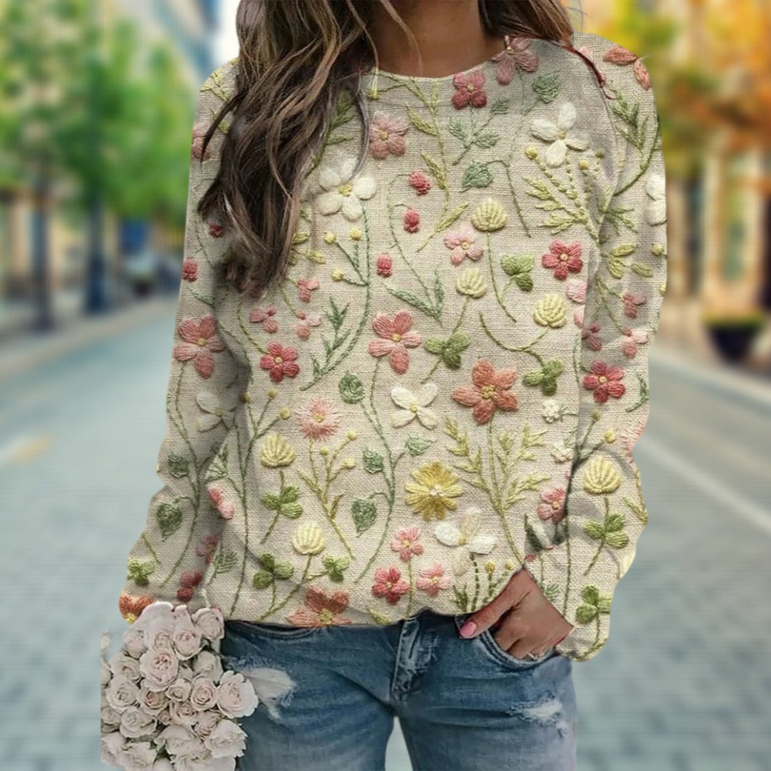 Miranda | Women's Floral Embroidered Sweater – Cotton Crew Neck Lightweight Spring Casual Knitwear