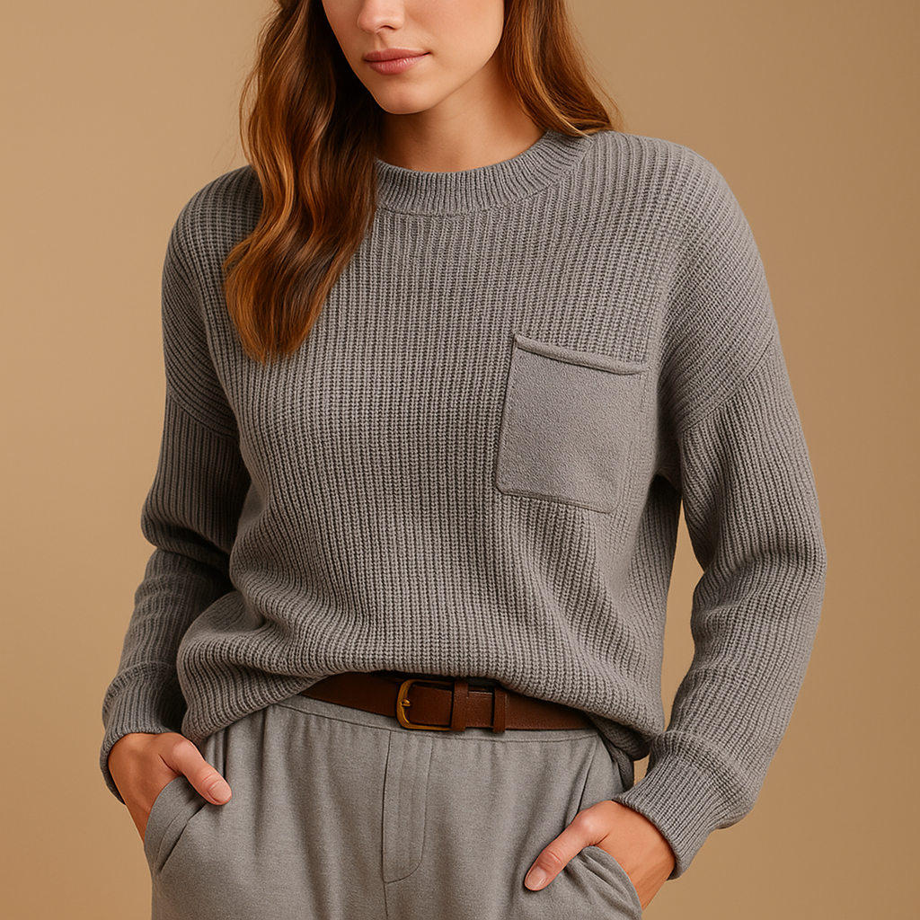 Amelia | Women's Relaxed Crew-Neck Knitted Sweater – Ribbed Long Sleeve Pocket Style for Casual Days and Refined Everyday Layering