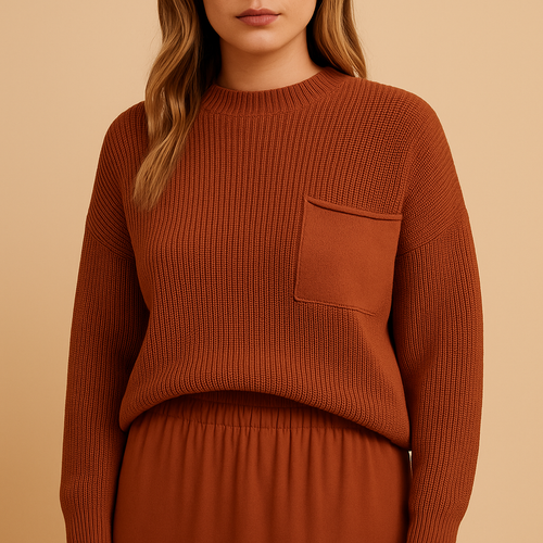 Amelia | Women's Relaxed Crew-Neck Knitted Sweater – Ribbed Long Sleeve Pocket Style for Casual Days and Refined Everyday Layering