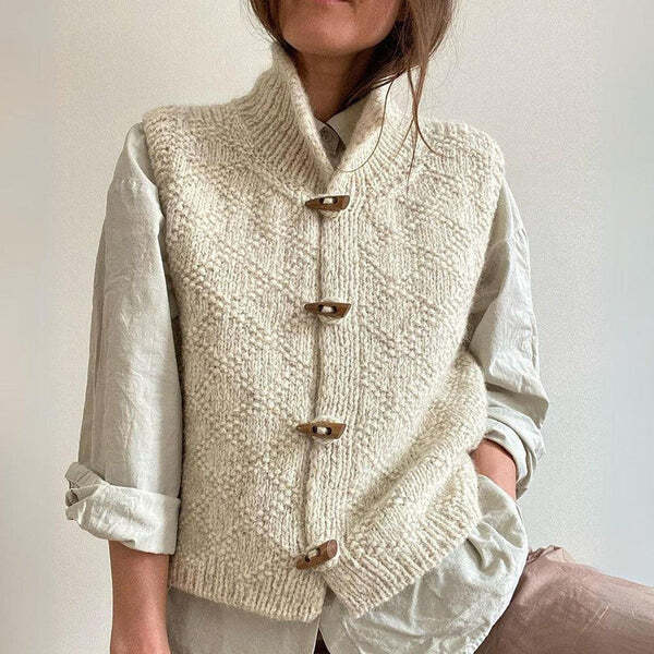 Phoebe | Women's Textured Knitted Vest – High-Neck Toggle-Button Sleeveless Layer for Casual Autumn Winter Work and Everyday Wear