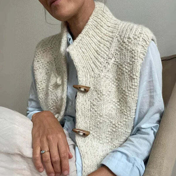 Phoebe | Women's Textured Knitted Vest – High-Neck Toggle-Button Sleeveless Layer for Casual Autumn Winter Work and Everyday Wear