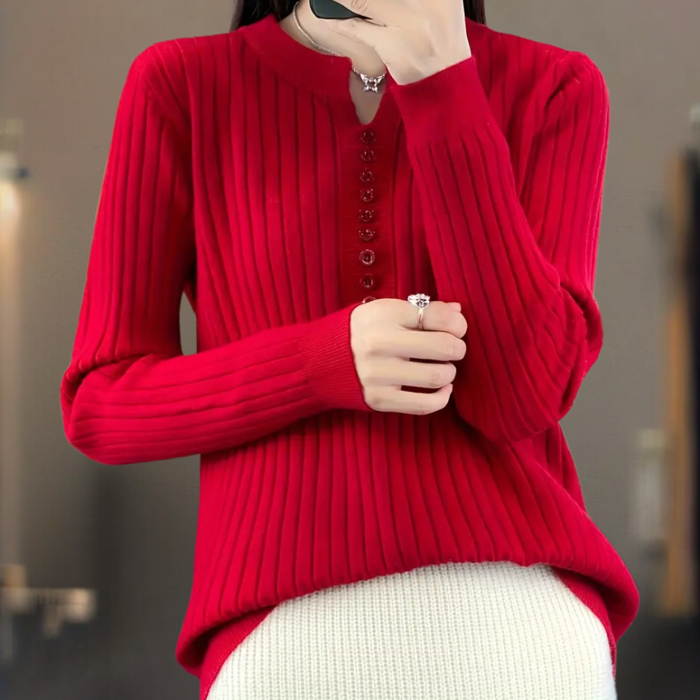 Amanda | Women's Ribbed Knit Sweater with Notched Neck and Button Placket