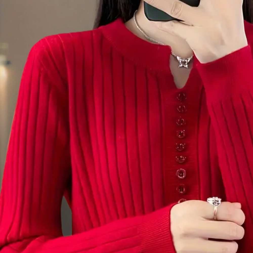 Amanda | Women's Ribbed Knit Sweater with Notched Neck and Button Placket