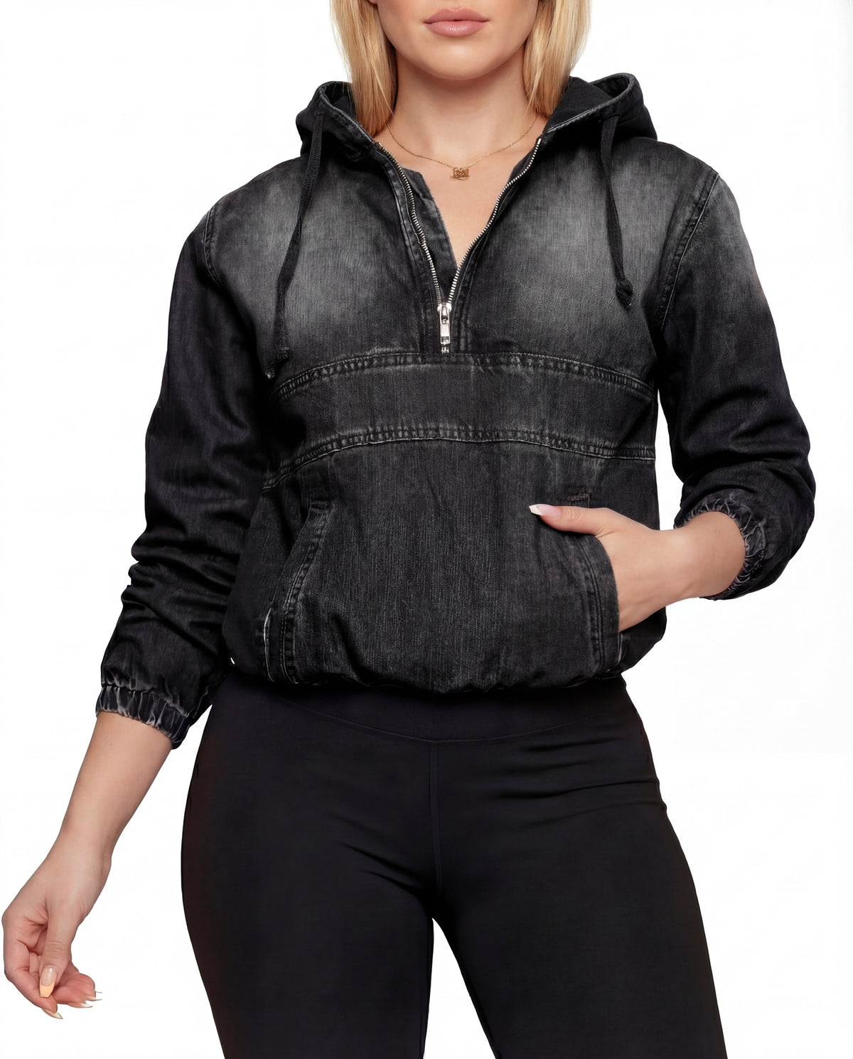 Ophelia | Women's Denim Half-Zip Hoodie – Relaxed Hooded Pullover with Front Pocket for Casual Everyday Wear