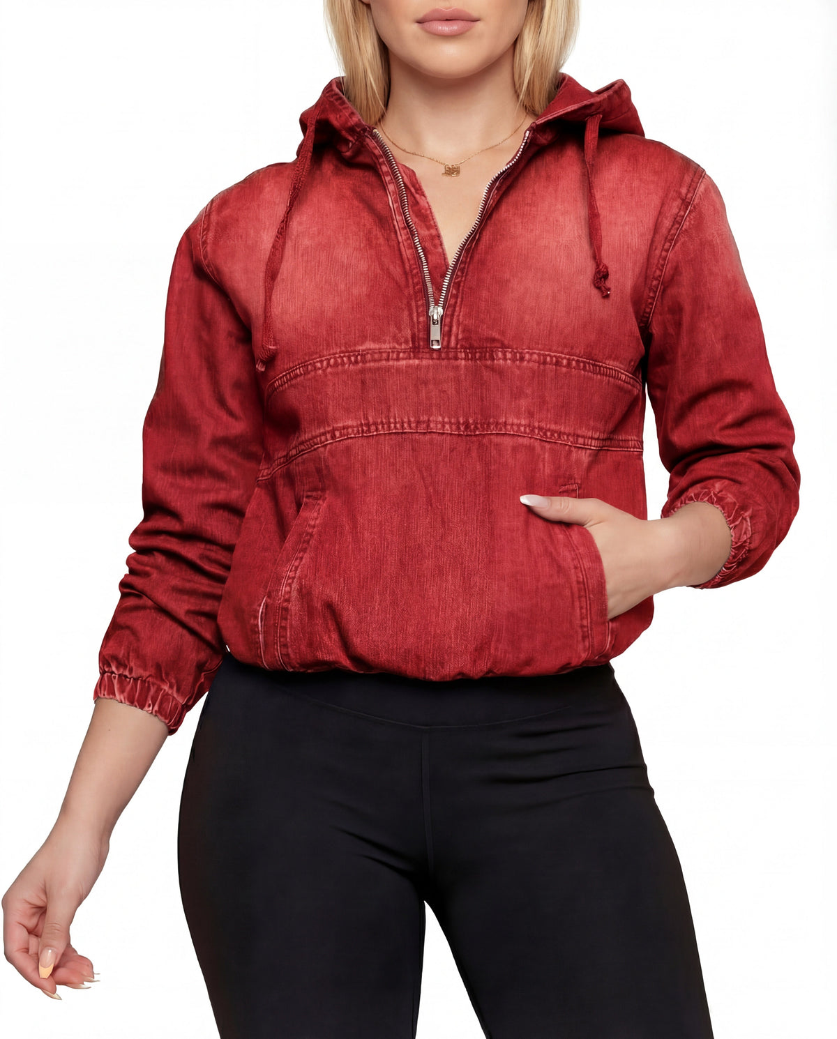 Ophelia | Women's Denim Half-Zip Hoodie – Relaxed Hooded Pullover with Front Pocket for Casual Everyday Wear