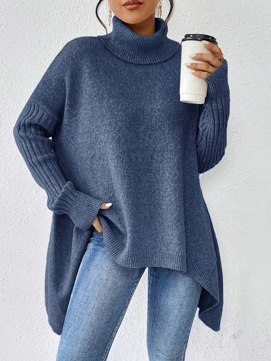 Rebecca | Women's Oversized Turtleneck Sweater – Ribbed High-Neck Knit with Asymmetric Hem for Relaxed Winter Layering