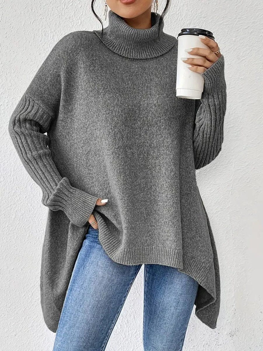 Rebecca | Women's Oversized Turtleneck Sweater – Ribbed High-Neck Knit with Asymmetric Hem for Relaxed Winter Layering