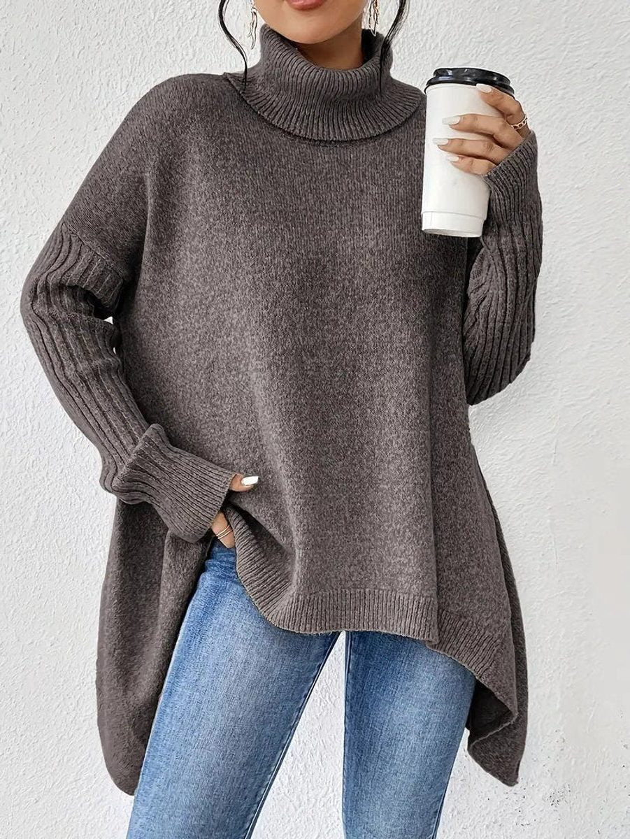 Rebecca | Women's Oversized Turtleneck Sweater – Ribbed High-Neck Knit with Asymmetric Hem for Relaxed Winter Layering