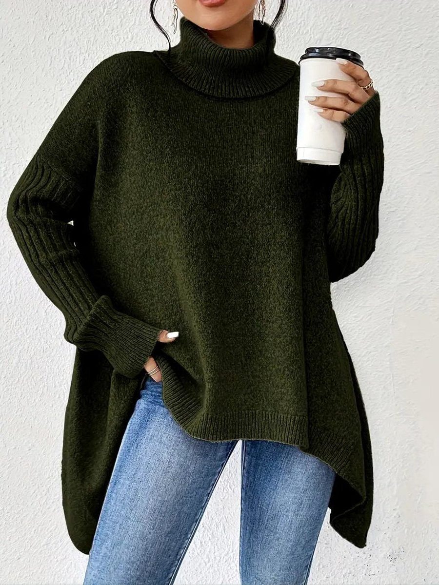 Rebecca | Women's Oversized Turtleneck Sweater – Ribbed High-Neck Knit with Asymmetric Hem for Relaxed Winter Layering