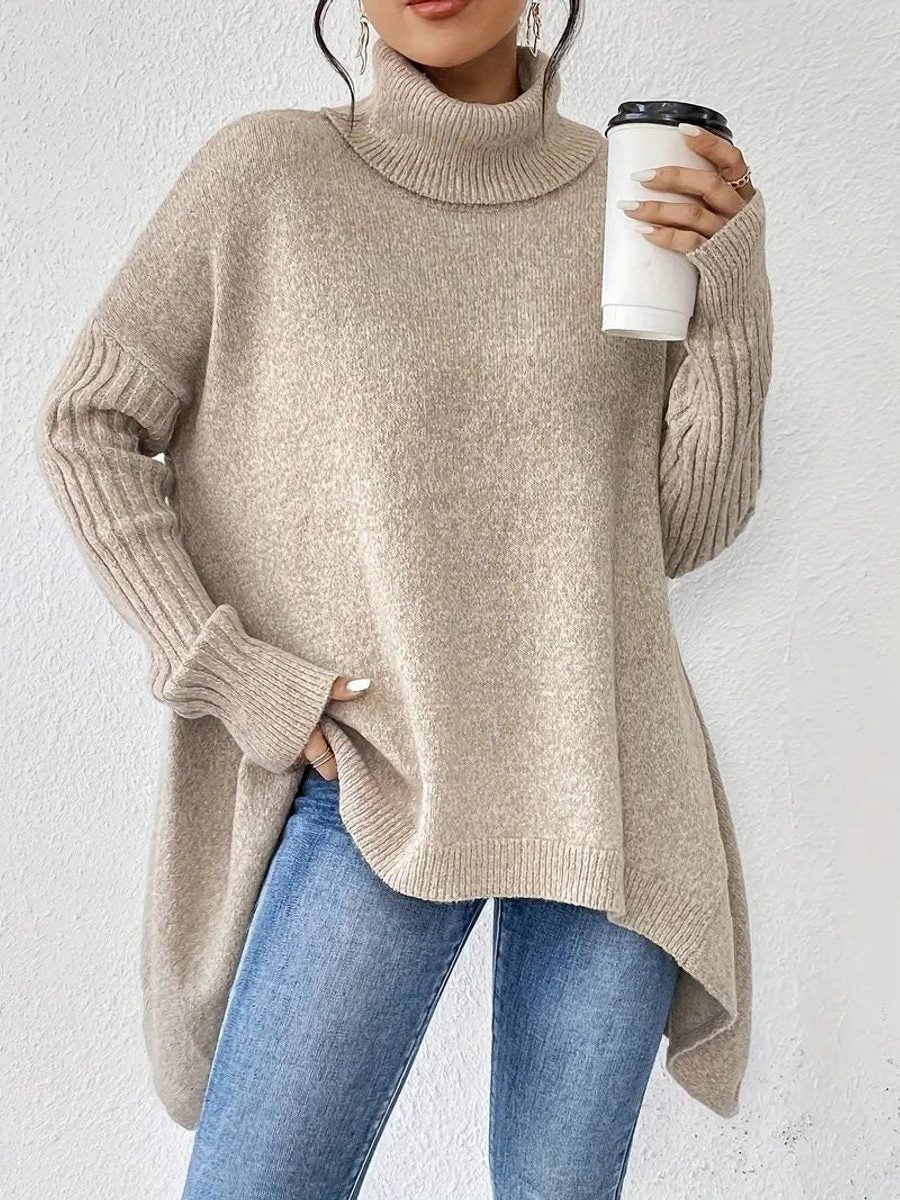 Rebecca | Women's Oversized Turtleneck Sweater – Ribbed High-Neck Knit with Asymmetric Hem for Relaxed Winter Layering