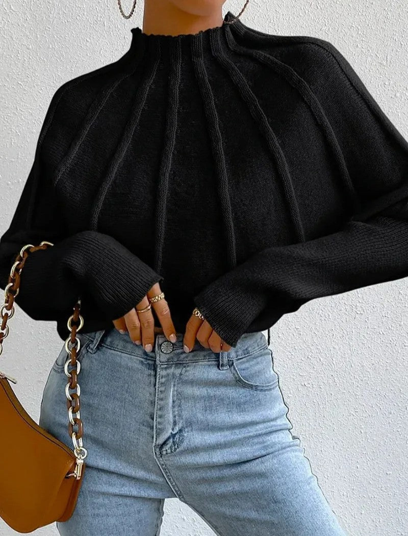 Lydia | Women's Mock-Neck Batwing Knit Sweater – Ribbed Sculptural Jumper with Flared Cuffs for Elegant Autumn Casual Wear