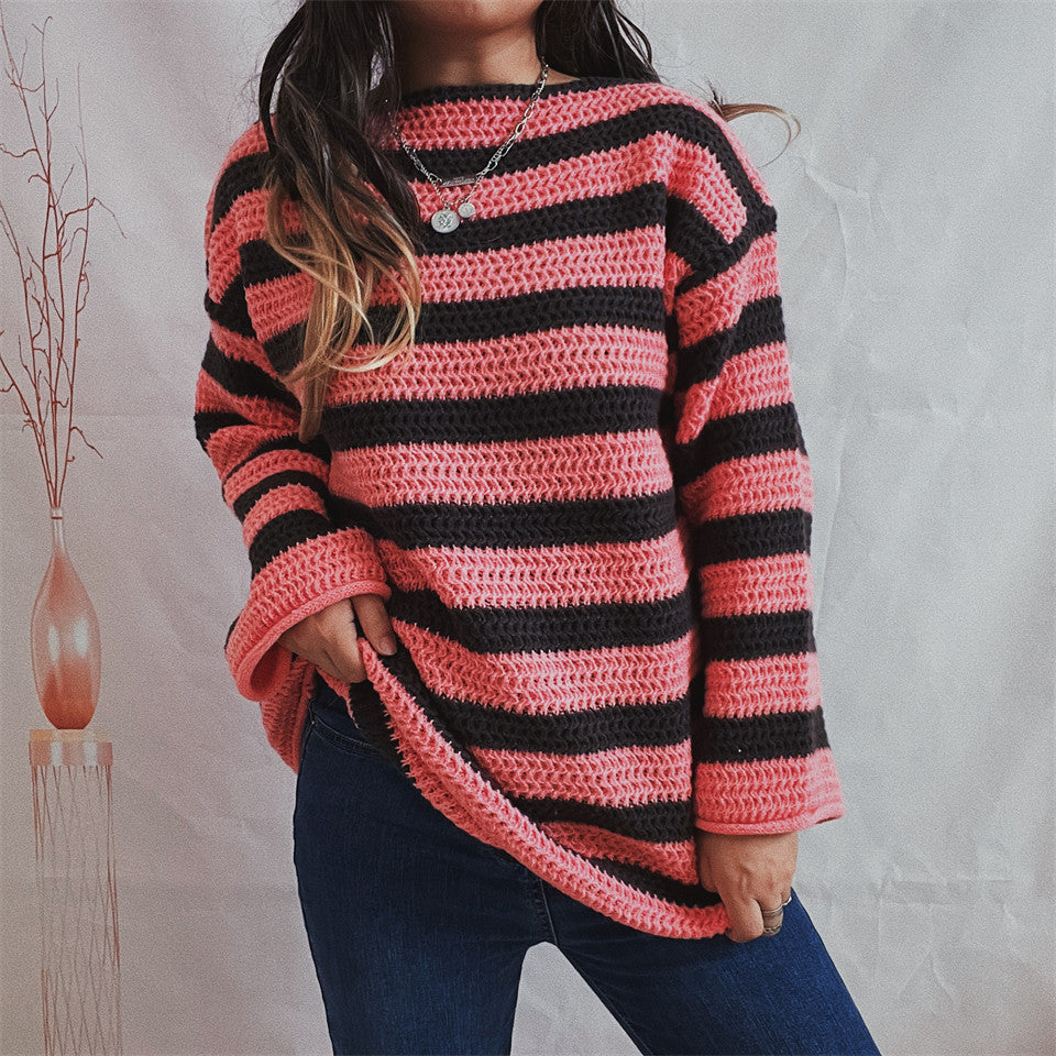 Florence | Women's Oversized Striped Knit Sweater – Textured Long-Sleeve Jumper with Relaxed Fit for Autumn and Winter Casual Wear