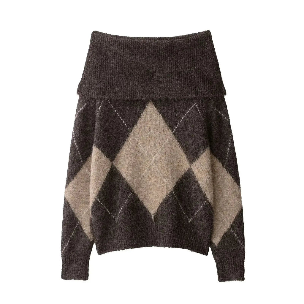 Hattie | Women's Off-Shoulder Argyle Knit Sweater – Relaxed Diamond-Pattern Jumper with Fold-Over Neckline for Autumn Casual Wear