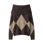 Hattie | Women's Off-Shoulder Argyle Knit Sweater – Relaxed Diamond-Pattern Jumper with Fold-Over Neckline for Autumn Casual Wear
