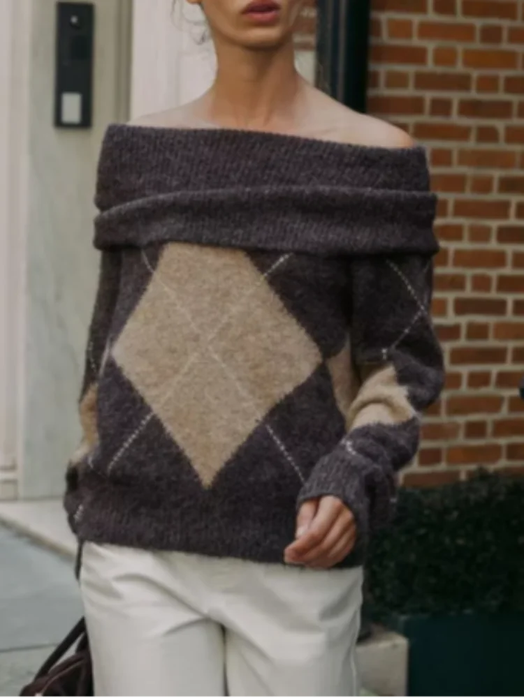 Hattie | Women's Off-Shoulder Argyle Knit Sweater – Relaxed Diamond-Pattern Jumper with Fold-Over Neckline for Autumn Casual Wear