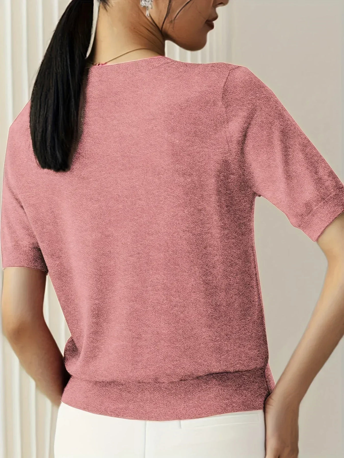 Sharon | Women's Fine Knit Sweater with Short Sleeves and Ribbed Trim