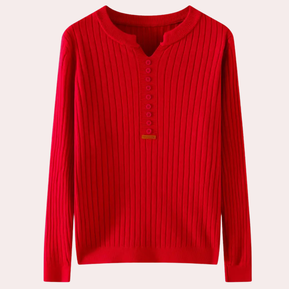 Amanda | Women's Ribbed Knit Sweater with Notched Neck and Button Placket