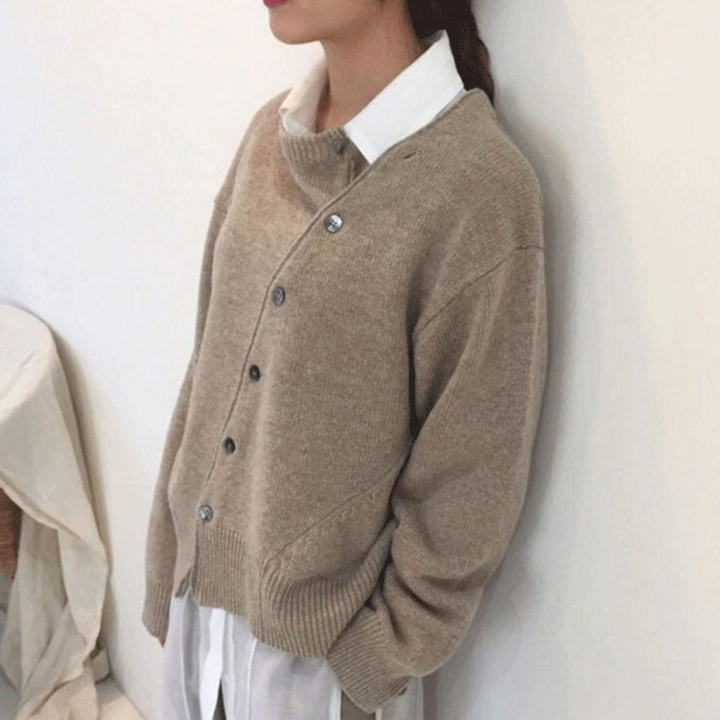 Jill | Women's Relaxed Asymmetric Button Knitted Cardigan – Soft Wrap Style Autumn Winter Layer for Everyday Wear