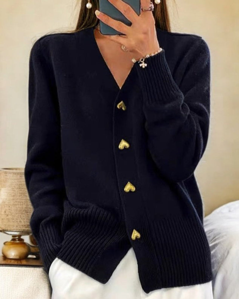 Caroline | Women's Knit Cardigan Heart Button Detail Relaxed Fit Layering Piece