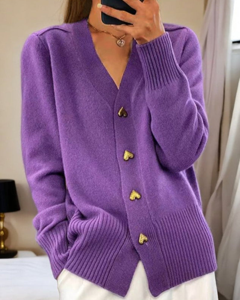 Caroline | Women's Knit Cardigan Heart Button Detail Relaxed Fit Layering Piece