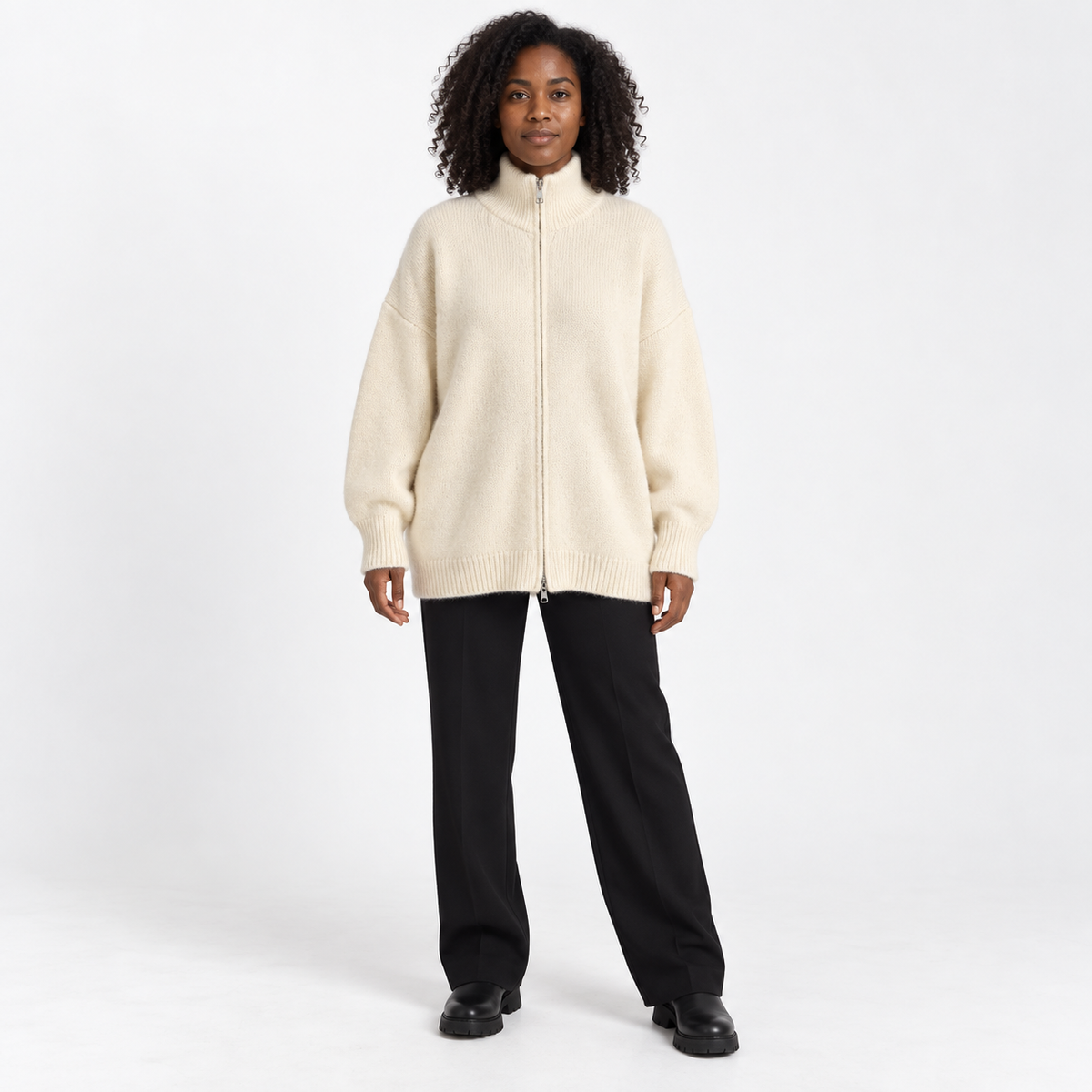 Esther | Women's High-Collar Zip Knitted Cardigan – Relaxed Two-Way Fastening Style for Autumn Winter Layering and Everyday Wear