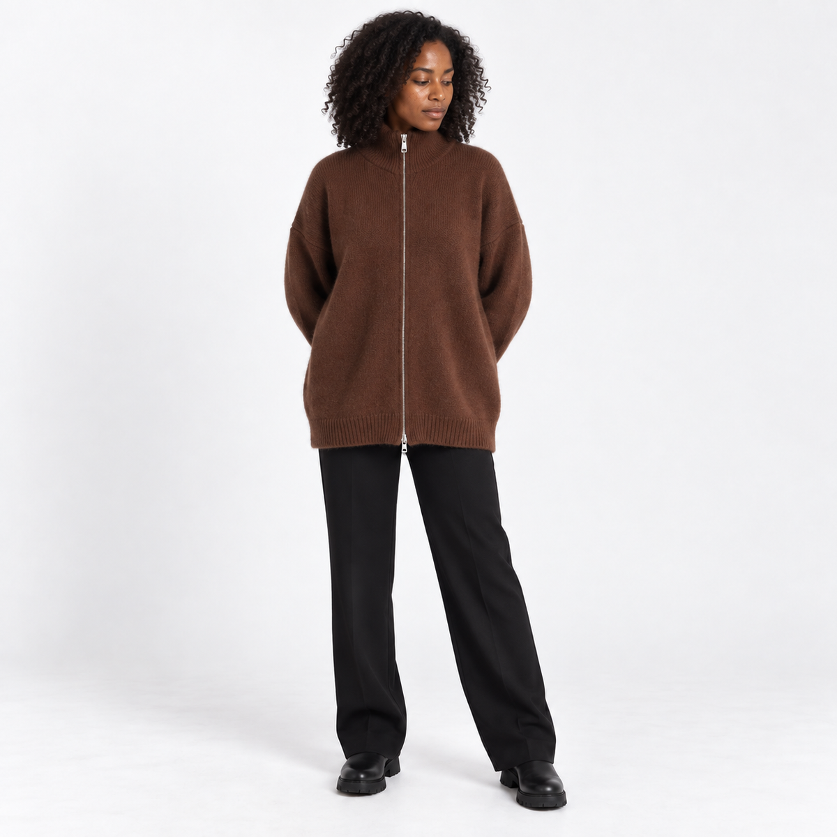 Esther | Women's High-Collar Zip Knitted Cardigan – Relaxed Two-Way Fastening Style for Autumn Winter Layering and Everyday Wear