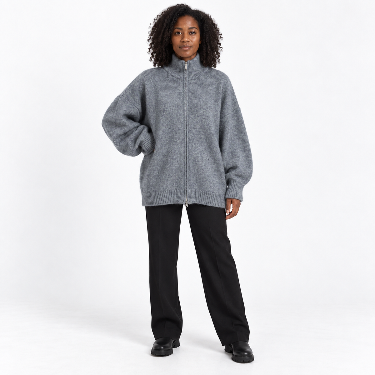 Esther | Women's High-Collar Zip Knitted Cardigan – Relaxed Two-Way Fastening Style for Autumn Winter Layering and Everyday Wear
