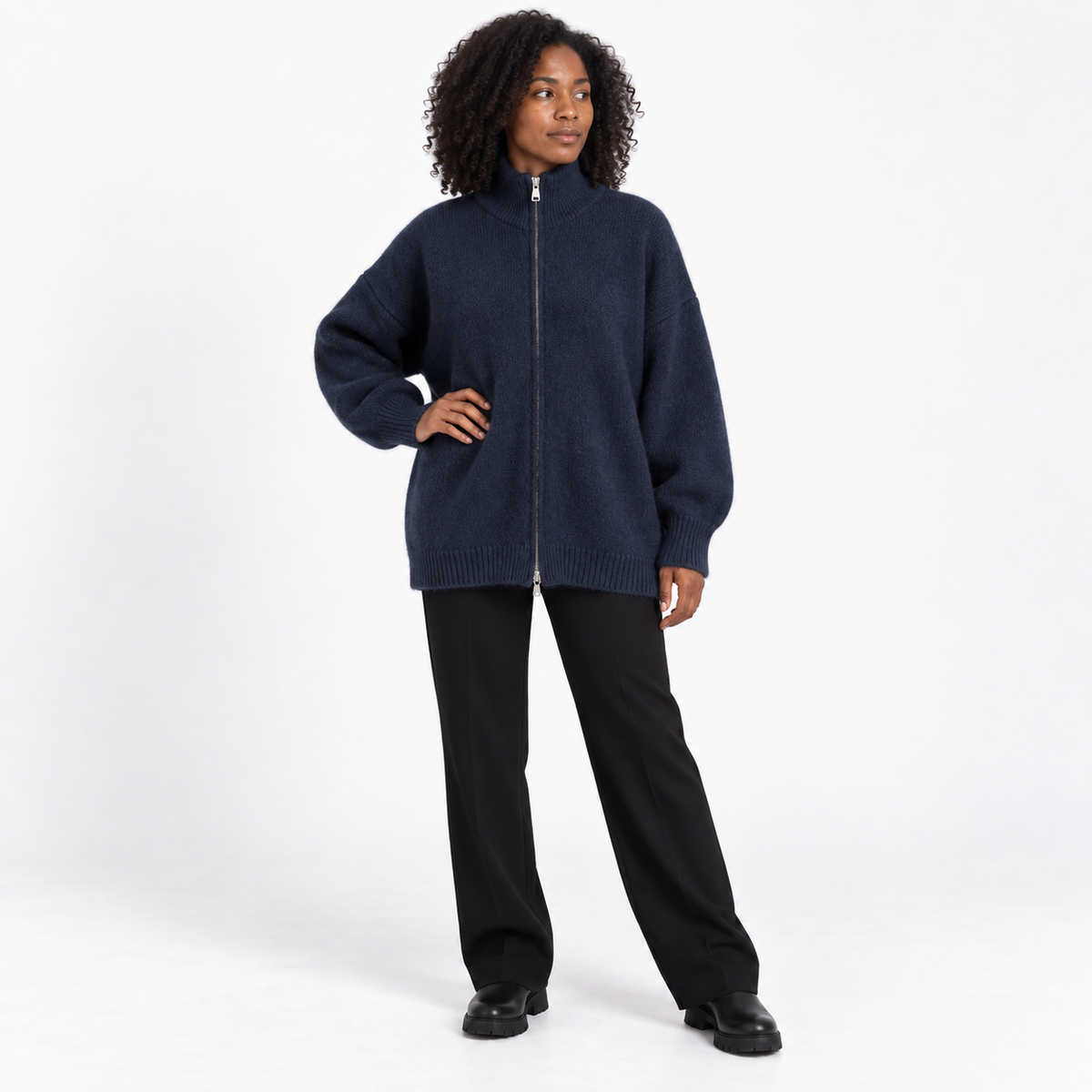 Esther | Women's High-Collar Zip Knitted Cardigan – Relaxed Two-Way Fastening Style for Autumn Winter Layering and Everyday Wear