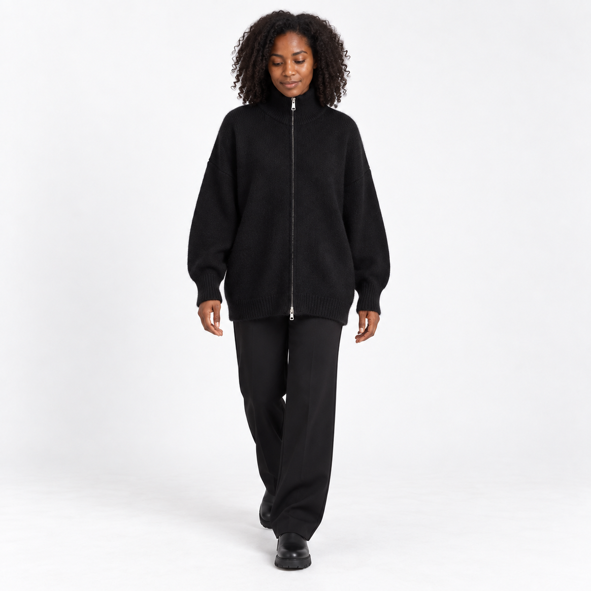 Esther | Women's High-Collar Zip Knitted Cardigan – Relaxed Two-Way Fastening Style for Autumn Winter Layering and Everyday Wear