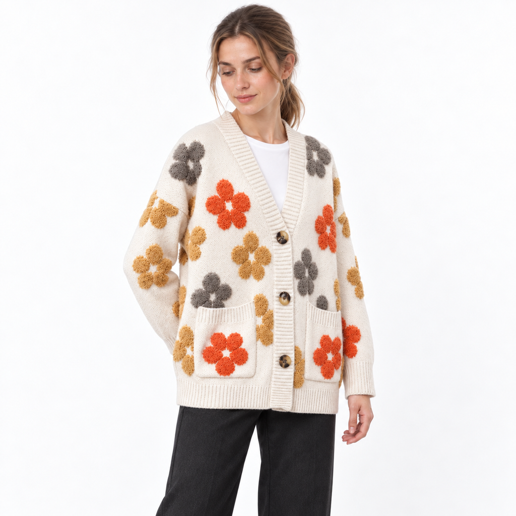 Katherine | Women's Floral Appliqué Knitted Cardigan – Relaxed V-Neck Button Style for Cosy Autumn Days and Casual Layering