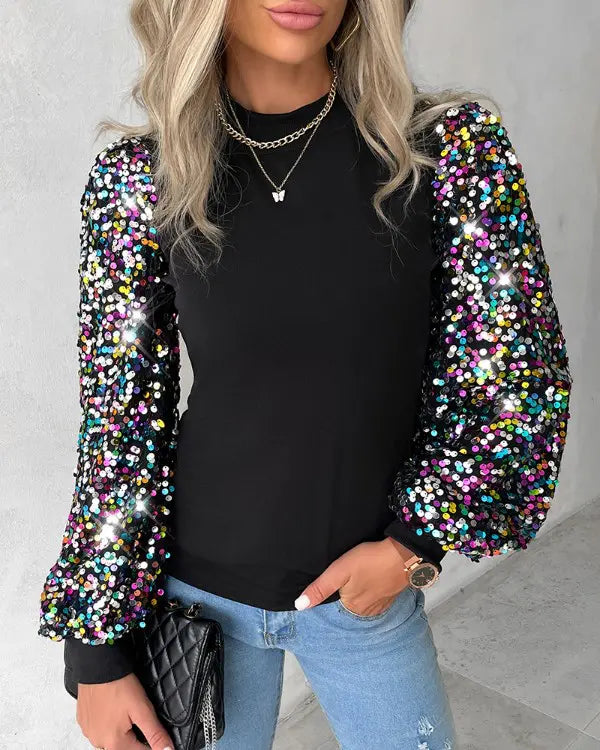 Anna | Women's Colourful Balloon Sleeve Blouse with Contrast Panels, Sequin Details and Chic Everyday Wea