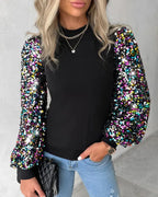 Anna | Women's Colourful Balloon Sleeve Blouse with Contrast Panels, Sequin Details and Chic Everyday Wea