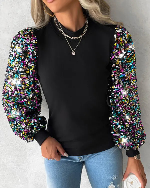 Anna | Women's Colourful Balloon Sleeve Blouse with Contrast Panels, Sequin Details and Chic Everyday Wea