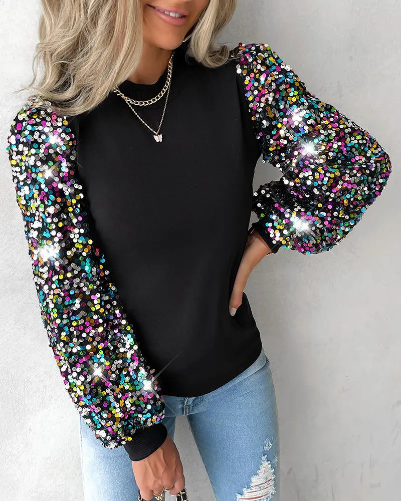 Anna | Women's Colourful Balloon Sleeve Blouse with Contrast Panels, Sequin Details and Chic Everyday Wea