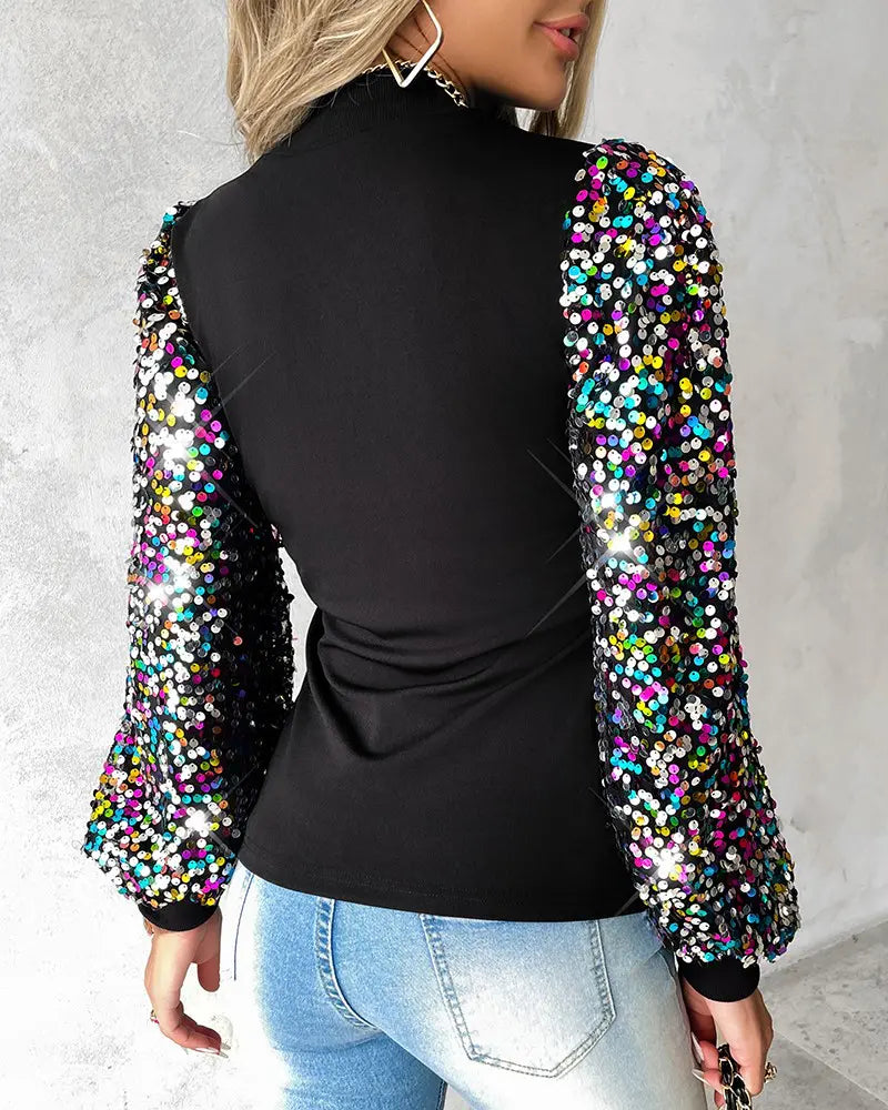 Anna | Women's Colourful Balloon Sleeve Blouse with Contrast Panels, Sequin Details and Chic Everyday Wea