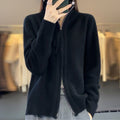 Florence | Women's Wool Zip-Up Cardigan – Oversized High-Neck Knit Sweater with Ribbed Trims and Front Pockets