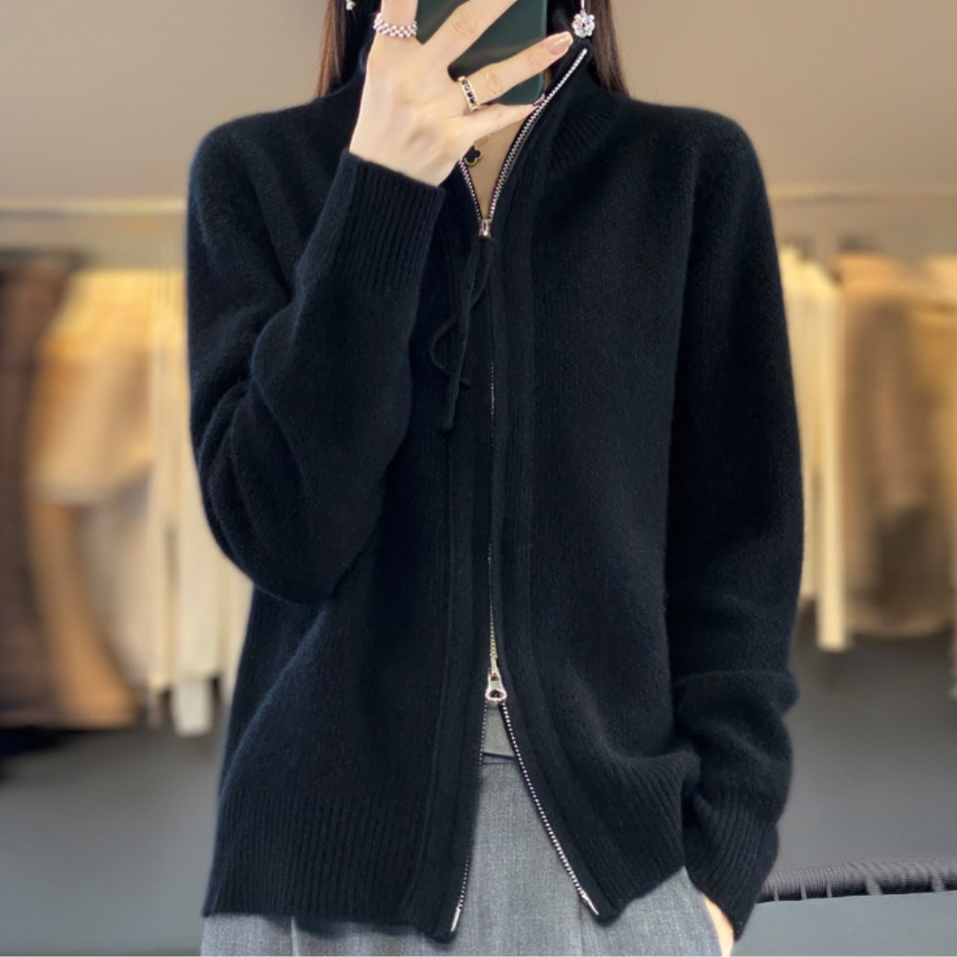 Florence | Women's Wool Zip-Up Cardigan – Oversized High-Neck Knit Sweater with Ribbed Trims and Front Pockets