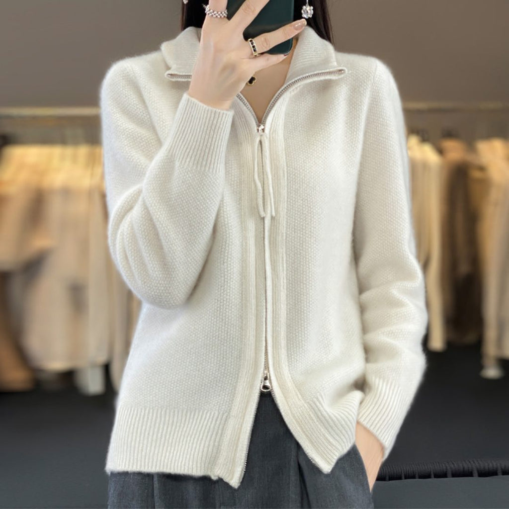Florence | Women's Wool Zip-Up Cardigan – Oversized High-Neck Knit Sweater with Ribbed Trims and Front Pockets