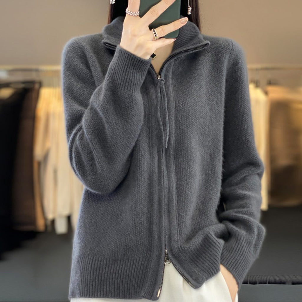 Florence | Women's Wool Zip-Up Cardigan – Oversized High-Neck Knit Sweater with Ribbed Trims and Front Pockets