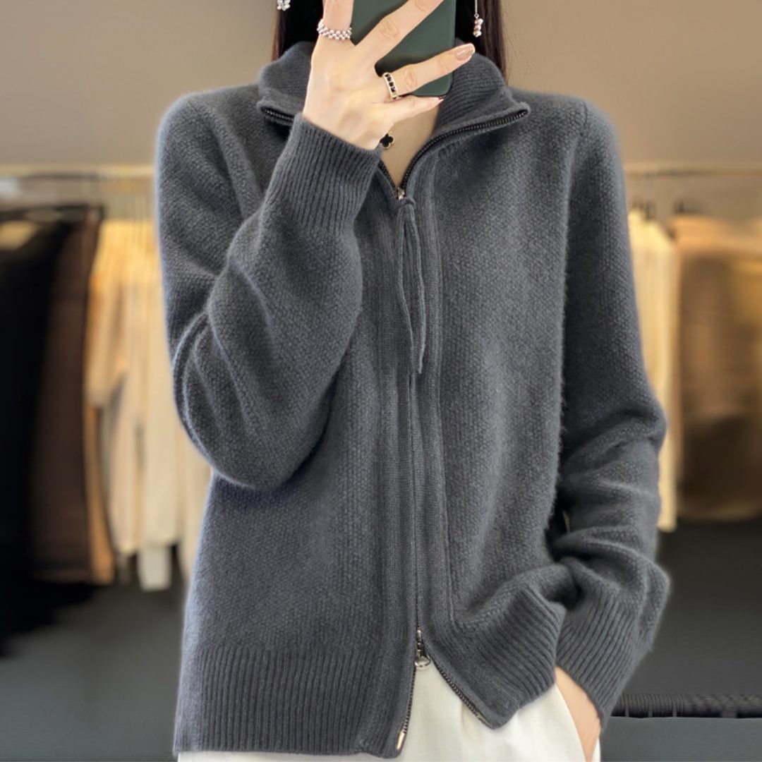 Florence | Women's Wool Zip-Up Cardigan – Oversized High-Neck Knit Sweater with Ribbed Trims and Front Pockets