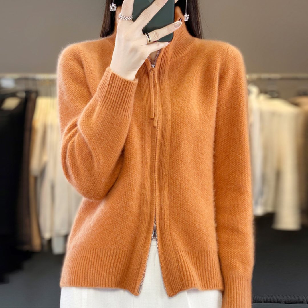 Florence | Women's Wool Zip-Up Cardigan – Oversized High-Neck Knit Sweater with Ribbed Trims and Front Pockets