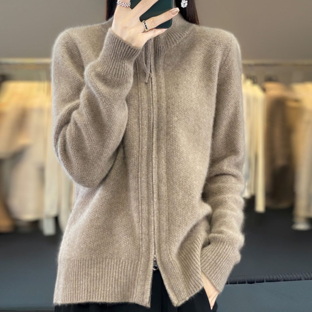 Florence | Women's Wool Zip-Up Cardigan – Oversized High-Neck Knit Sweater with Ribbed Trims and Front Pockets